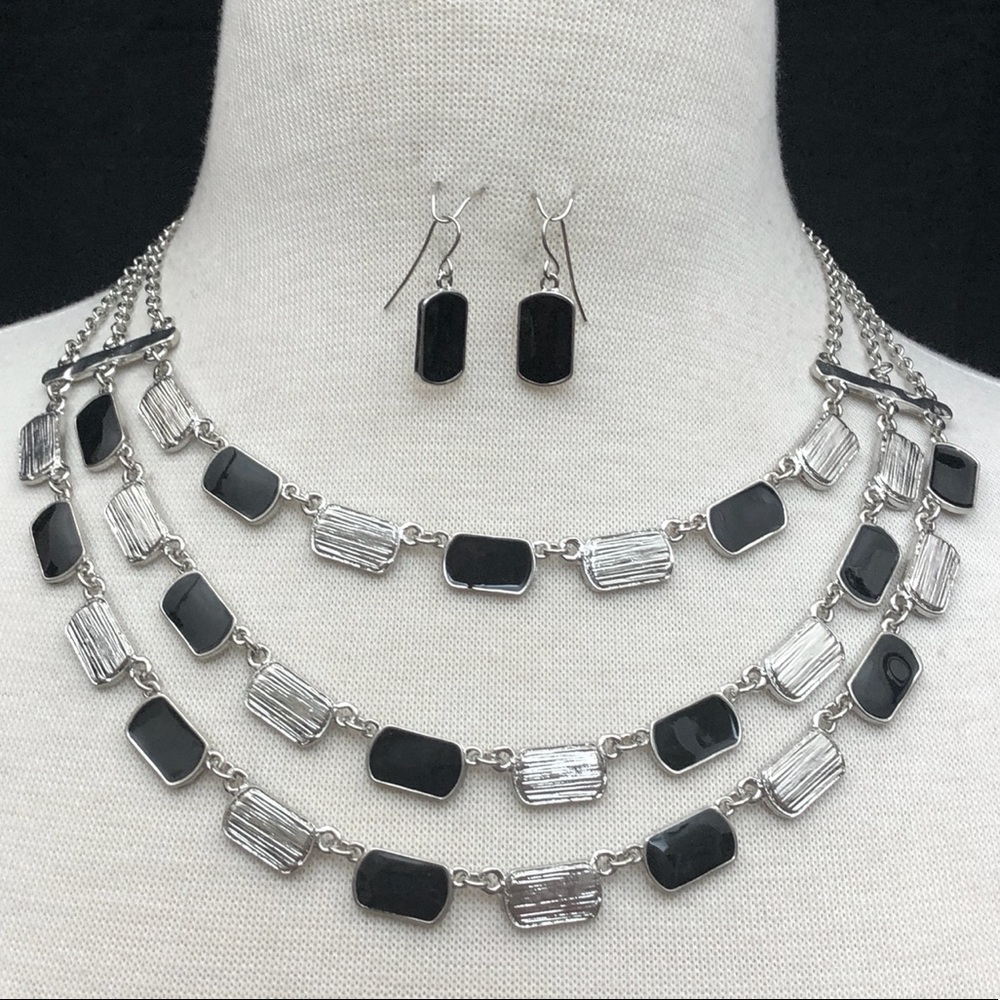 3 Row Layered Black Enamel & Silver Metal Statement Necklace Earrings Set